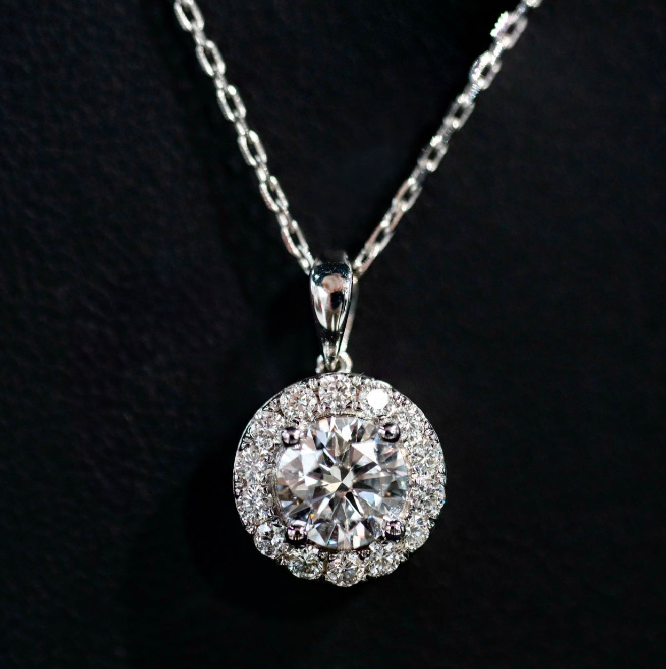 14K White Gold Round Halo Necklace