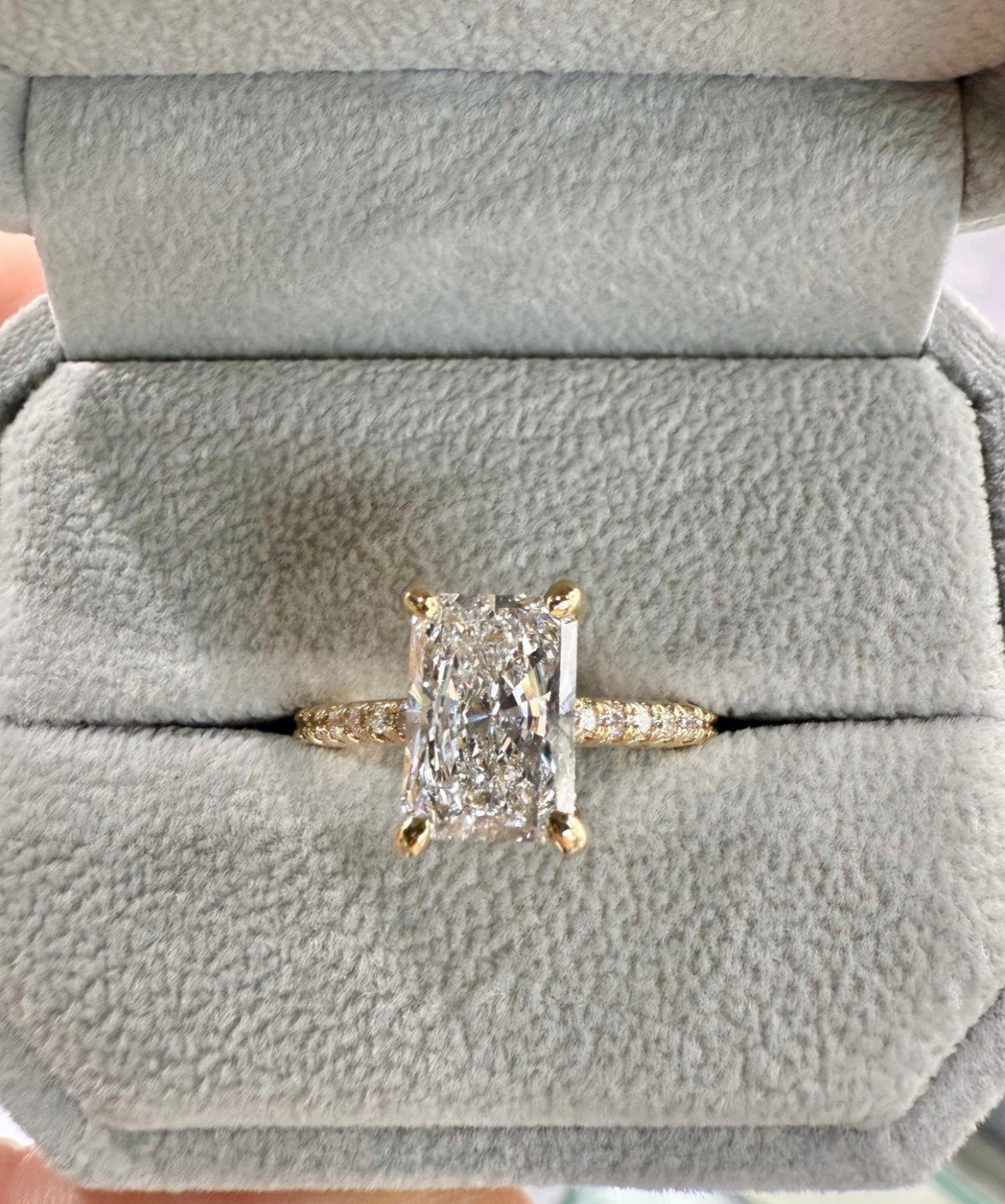14K Yellow Gold 2.5ct Radiant with hidden halo and accents