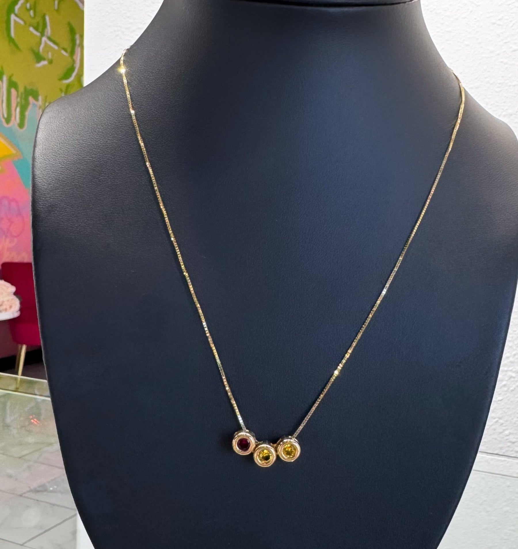 14K Yellow Gold - 3 Colored Stone Necklace 18in